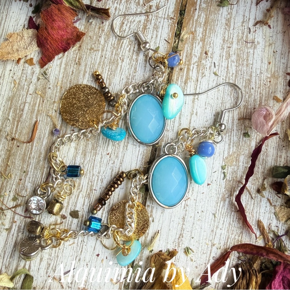 BEACH 🏖️ GLAM Turquoise aquamarine and mother of pearl and Gold Chain Earrings